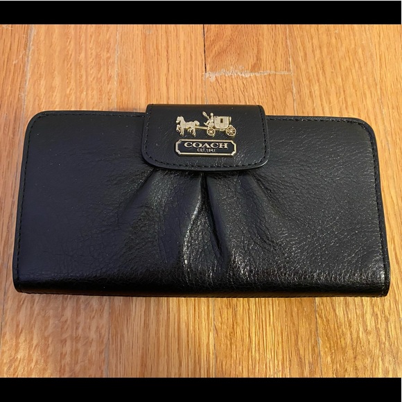 Coach Handbags - COACH Black Leather Wallet with Pink Interior